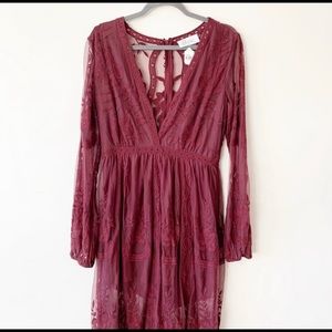 Lizzie’s Boutique Long Lace Dress Maroon Burgundy Long Sleeve Romantic Large New